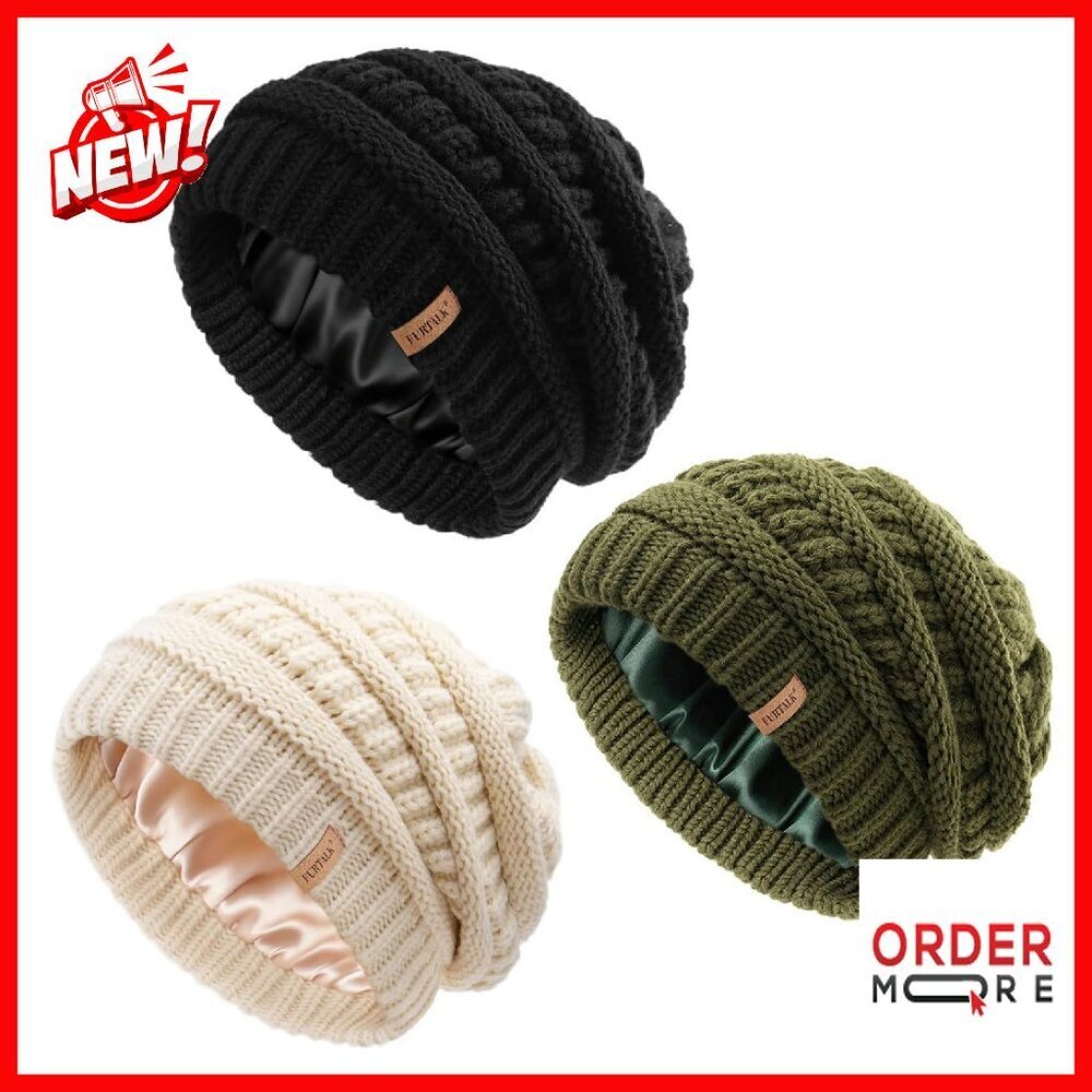 Satin-Lined Slouchy Winter Beanie 3-Pack, Warm Acrylic Knit